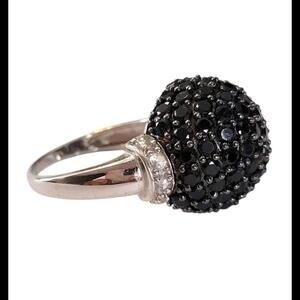 Sterling & White Gold Black Spinel & Diamonds Disco Ball Dome Ring SZ 10.25